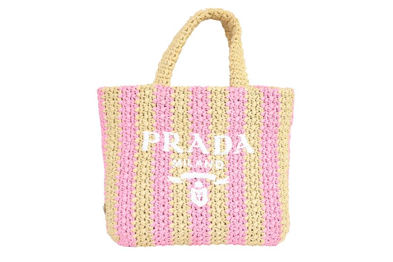 Prada Crochet Small Tote Bag, Pink and Natural Raffia, Preowned in Box WA001