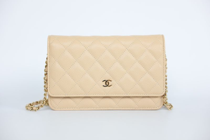 Chanel Wallet on Chain, Beige Quilted Caviar Leather and Gold Hardware, Preowned in Box WA001