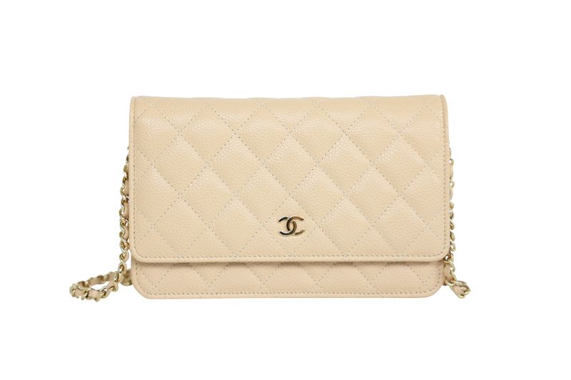Chanel Wallet on Chain, Beige Quilted Caviar Leather and Gold Hardware, Preowned in Box WA001