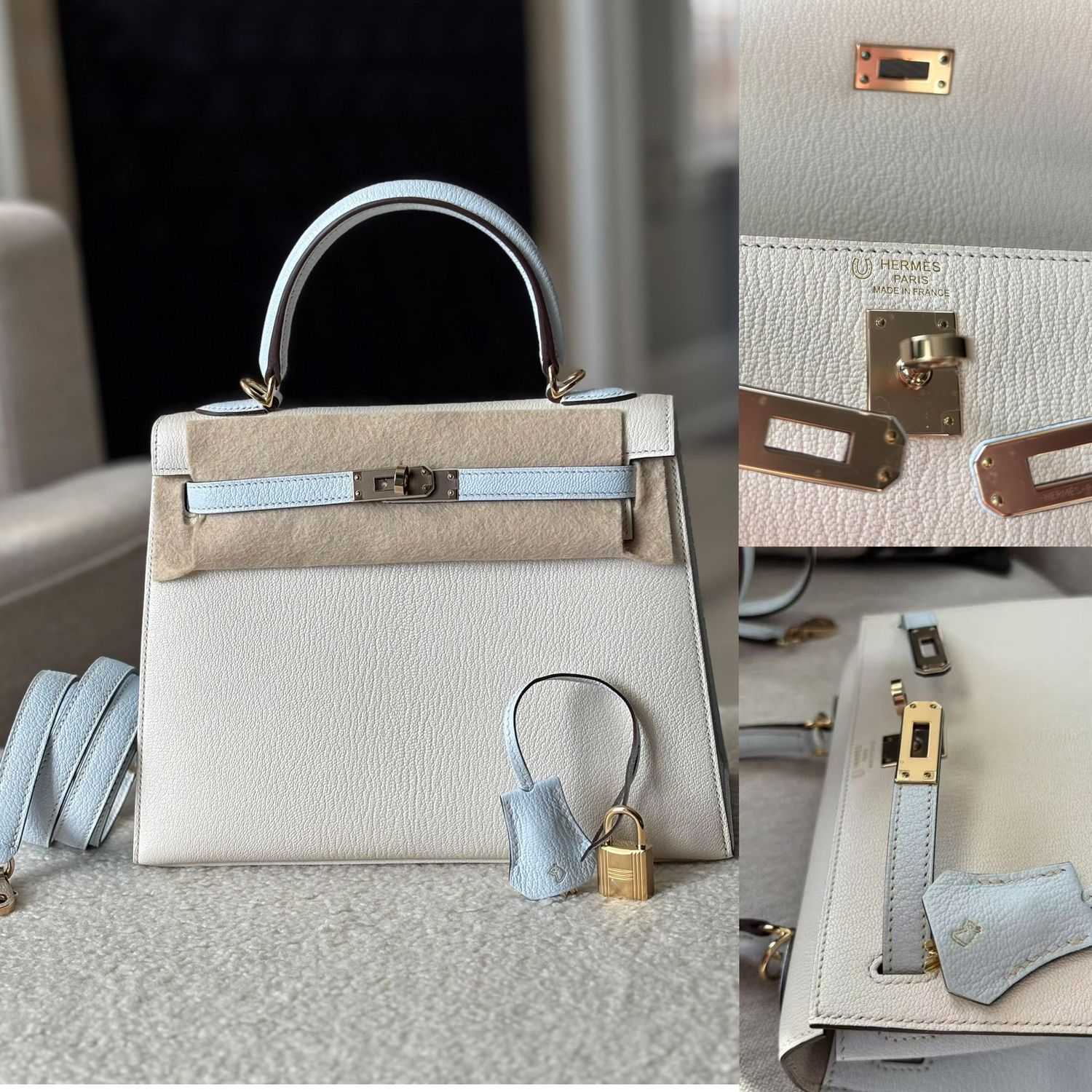 Hermes Kelly 25, Chevre Blue Brum / Nata Light Gold Hardware, B Stamp 2023, New in Box KJRB088