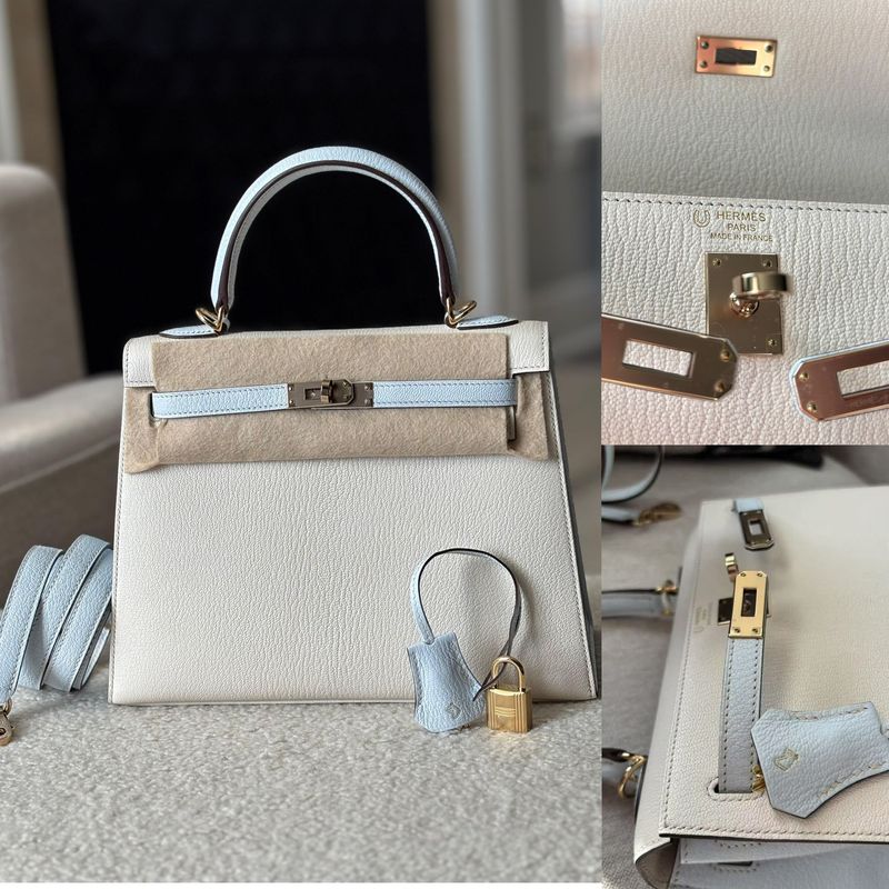 Hermes Kelly 25, Chevre Blue Brum / Nata Light Gold Hardware, B Stamp 2023, New in Box KJRB088