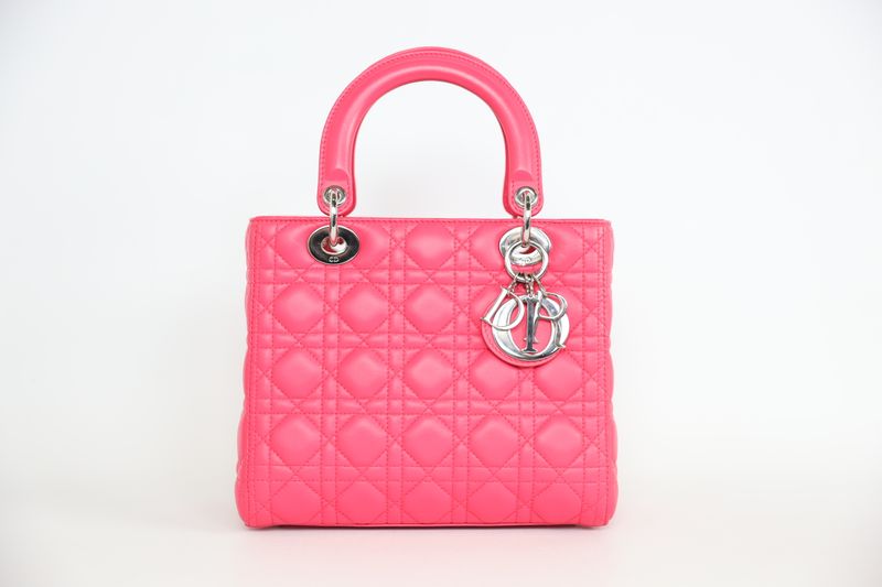 Christian Dior Lady Dior Medium Bag, Pink Cannage Lambskin and Silver Hardware, Preowned in Dustbag WA001
