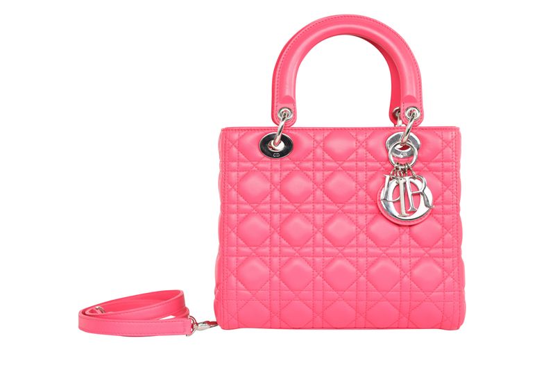 Christian Dior Lady Dior Medium Bag, Pink Cannage Lambskin and Silver Hardware, Preowned in Dustbag WA001