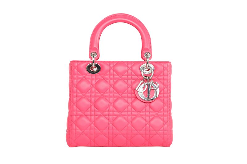 Christian Dior Lady Dior Medium Bag, Pink Cannage Lambskin and Silver Hardware, Preowned in Dustbag WA001