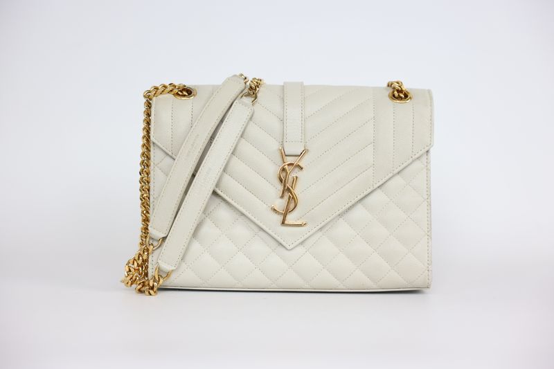 Saint Laurent YSL Envelope Medium Bag, White Chalk Grain de Poudre Leather and Gold Hardware, Preowned in Dustbag WA001