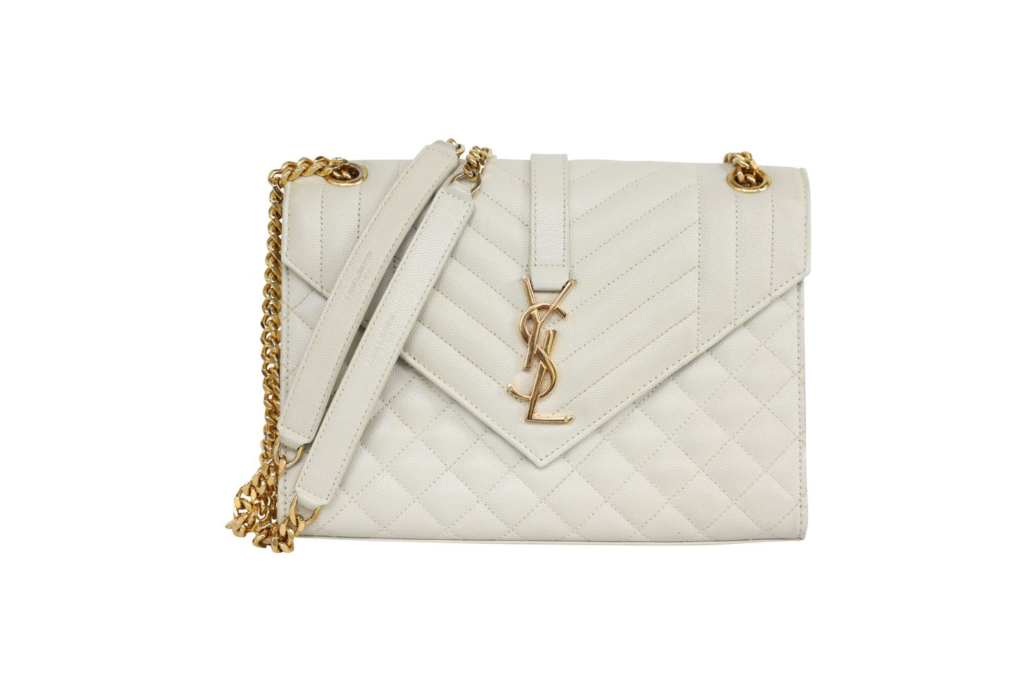 Saint Laurent YSL Envelope Medium Bag, White Chalk Grain de Poudre Leather and Gold Hardware, Preowned in Dustbag WA001