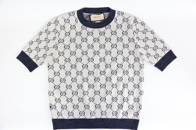Gucci GG Short Sleeve Sweater Top, Ivory and Blue Cotton, Size Medium, New WA001