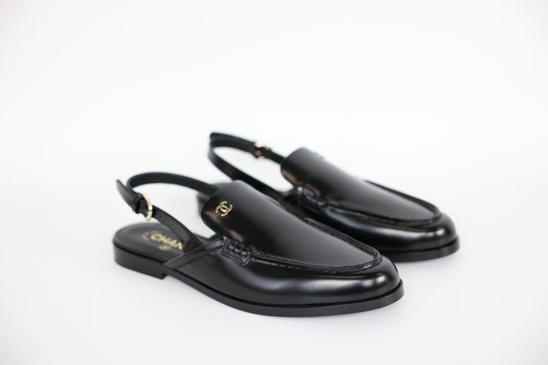 Chanel 26P Flat Slingback Loafer Shoes, Black Shiny Calfskin and Gold Hardware, Size 42, New in Box WA001