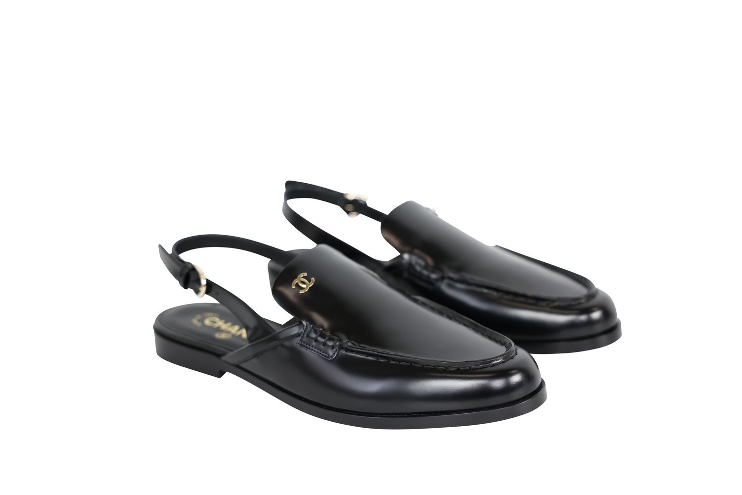 Chanel 26P Flat Slingback Loafer Shoes, Black Shiny Calfskin and Gold Hardware, Size 42, New in Box WA001