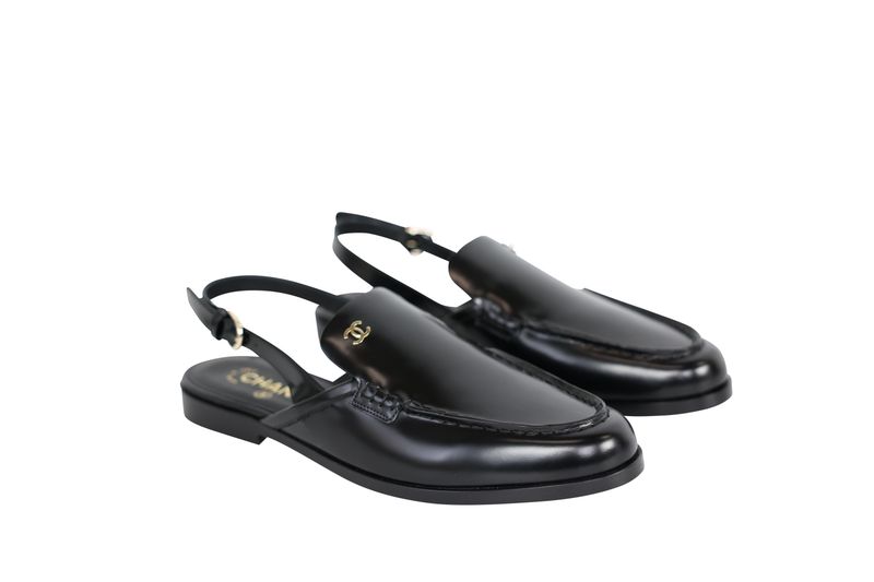 Chanel 26P Flat Slingback Loafer Shoes, Black Shiny Calfskin and Gold Hardware, Size 42, New in Box WA001