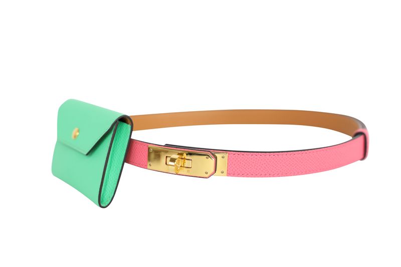 Hermes Kelly Pocket 18 Belt, Pink Rose Azalée and Green Vert Comics Epsom Leather and Gold Hardware, B 2023 Stamp, Preowned in Box WA001
