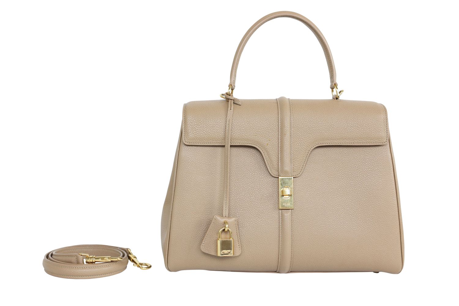 Celine 16 Medium Bag, Beige Grained Leather and Gold Hardware, Preowned No Dustbag WA001