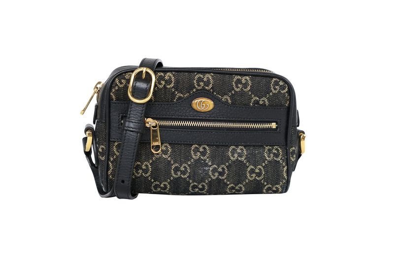 Gucci Ophidia Mini Shoulder Bag, GG Dark Blue Denim and Leather with Gold Hardware, Preowned No Dustbag WA001
