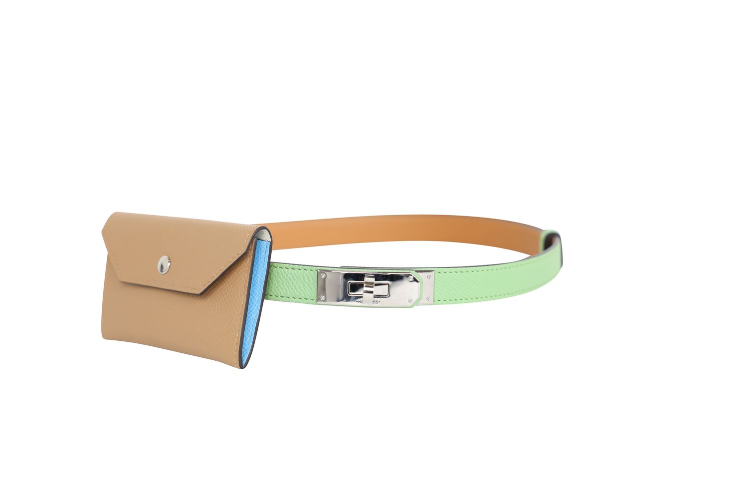 Hermes Kelly Pocket 18 Belt, Green Vert Criquet and Brown Epsom Leather with Palladium Hardware, U 2022 Stamp, Preowned in Box WA001