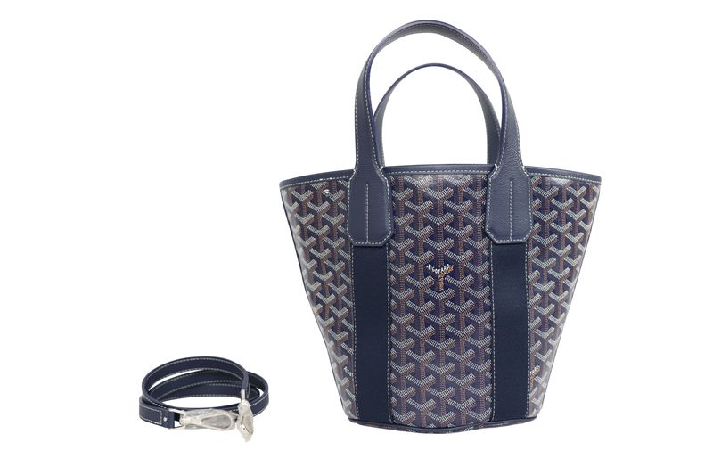 Goyard Belharra PM Bag, Navy Goyardine Canvas and Leather with Palladium Hardware, Preowned in Dustbag WA001