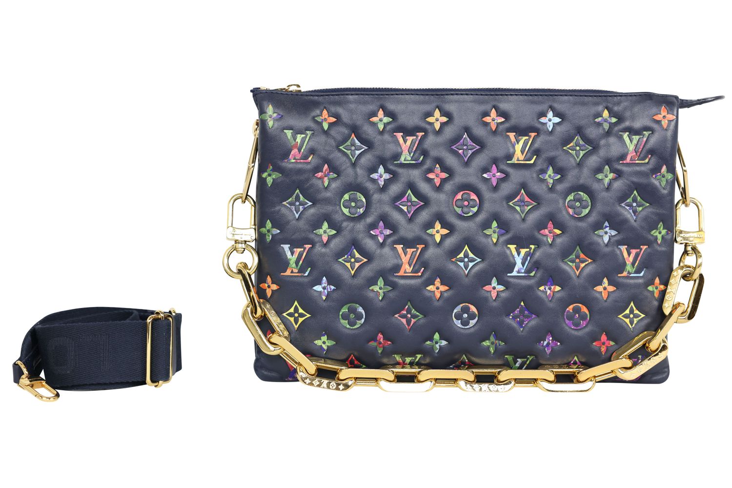 Louis Vuitton Coussin MM Bag, Navy with Multicolor Monogram Embossed Lambskin and Gold Hardware, Preowned No Dustbag WA001
