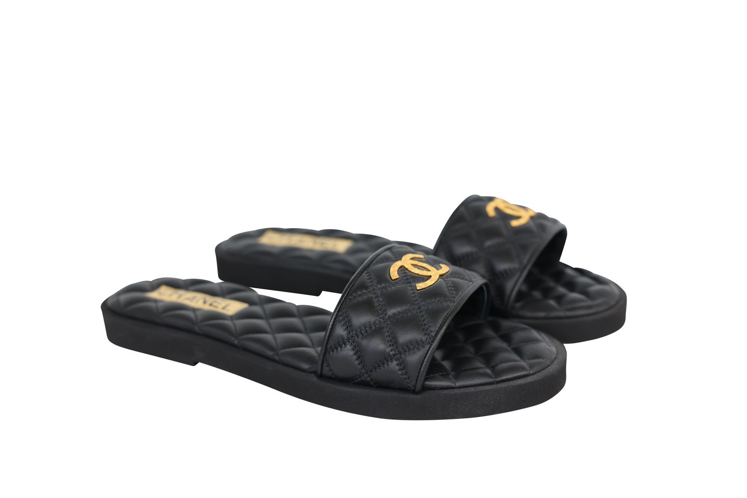 Chanel CC Flat Slide Sandals, Black Quilted Lambskin and Gold Hardware, Size 42, New in Box WA001