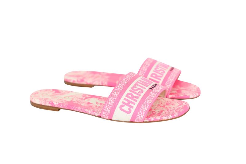 Christian Dior Dway Mule Shoes, Fuchsia Pink and White Toile de Jouy Canvas, Size 41, New in Box WA001