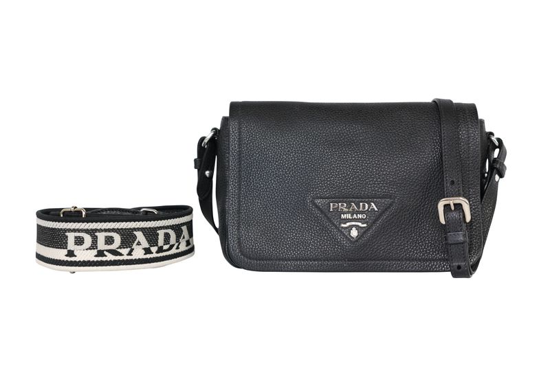 Prada Vitello Daino Shoulder Bag, Black Leather and Silver Hardware, Preowned in Box WA001