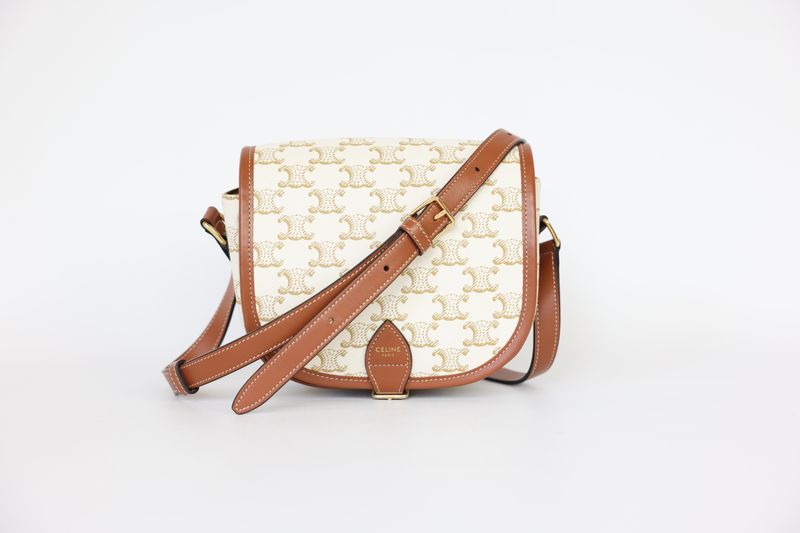 Celine Folco Medium Bag, White Triomphe Canvas and Tan Leather with Gold Hardware, Preowned in Box WA001