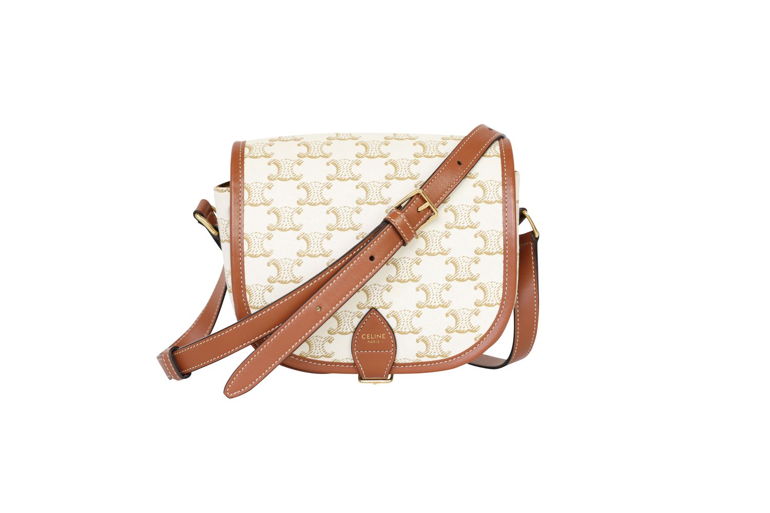 Celine Folco Medium Bag, White Triomphe Canvas and Tan Leather with Gold Hardware, Preowned in Box WA001