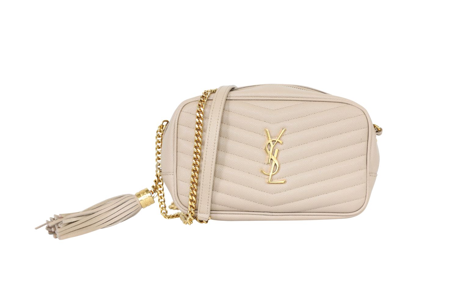 Saint Laurent Lou Camera Mini Bag, Beige Matelassé Leather and Gold Hardware, Preowned No Dustbag WA001