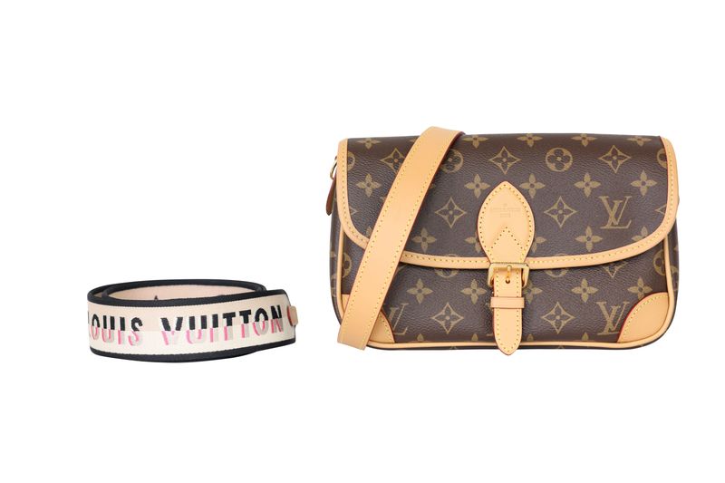 Louis Vuitton Diane Satchel Bag, Monogram Canvas and Natural Leather with Gold Hardware, Preowned in Box WA001