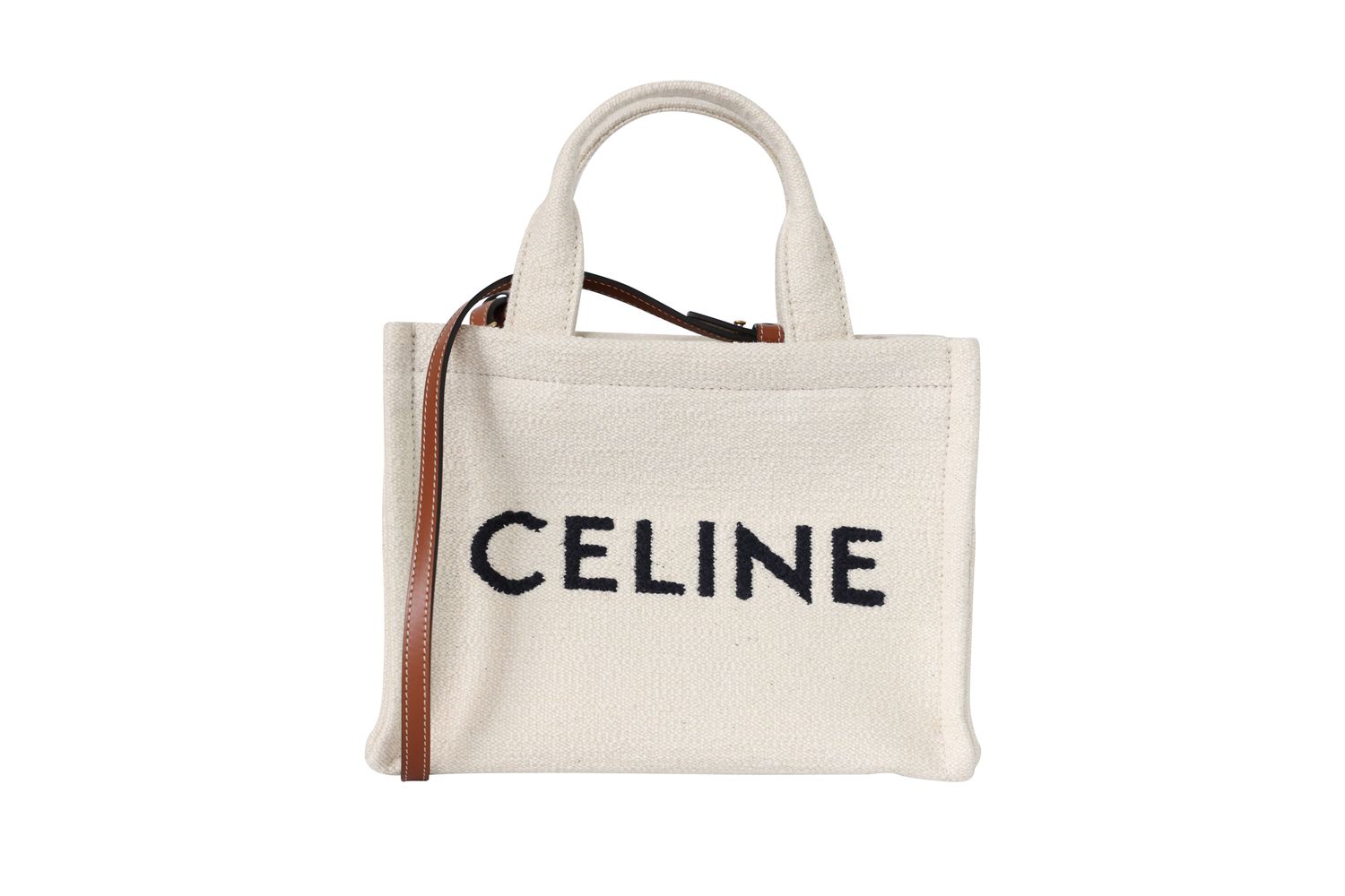 Celine Cabas Small Tote Bag, Natural Beige Textile and Tan Calfskin, New in Dustbag WA001