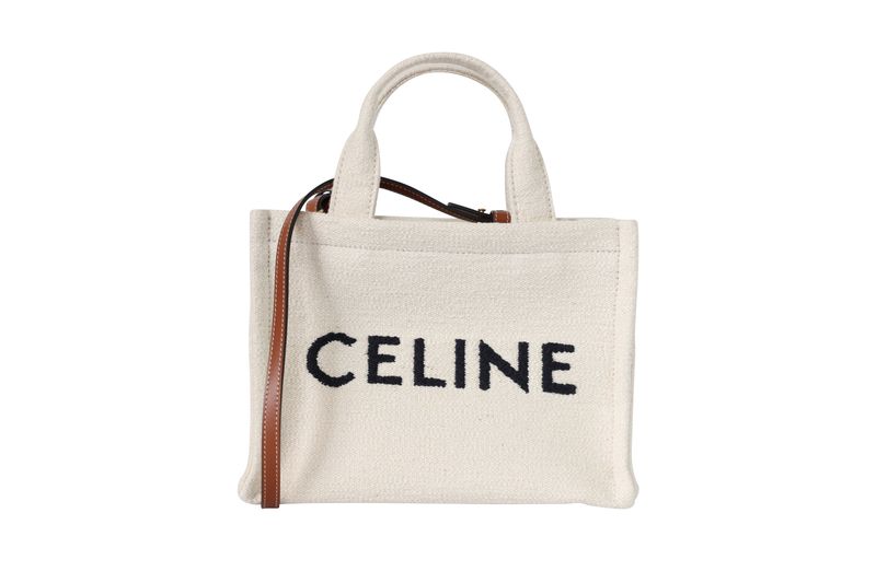 Celine Cabas Small Tote Bag, Natural Beige Textile and Tan Calfskin, New in Dustbag WA001