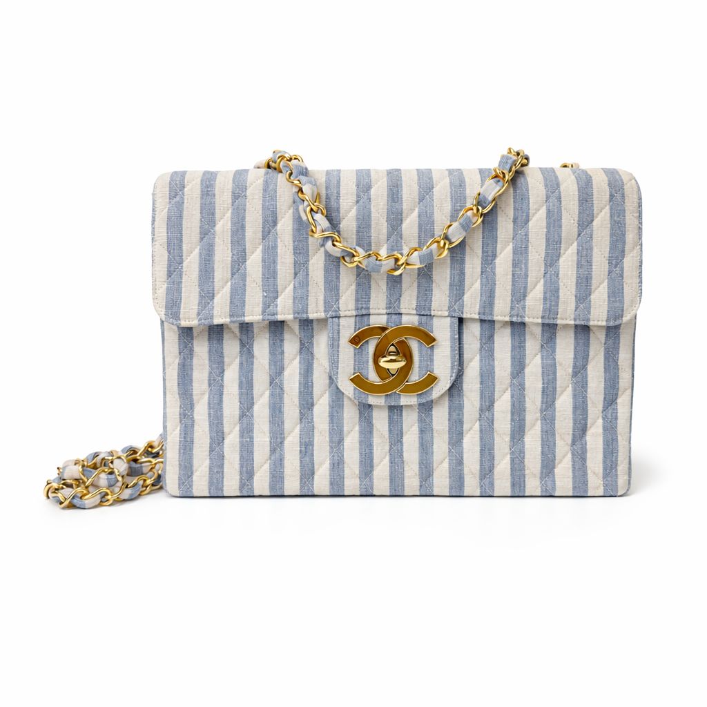 Chanel Jumbo, Blue Striped Canvas with Gold Hardware, Preowned in Dustbag MA001