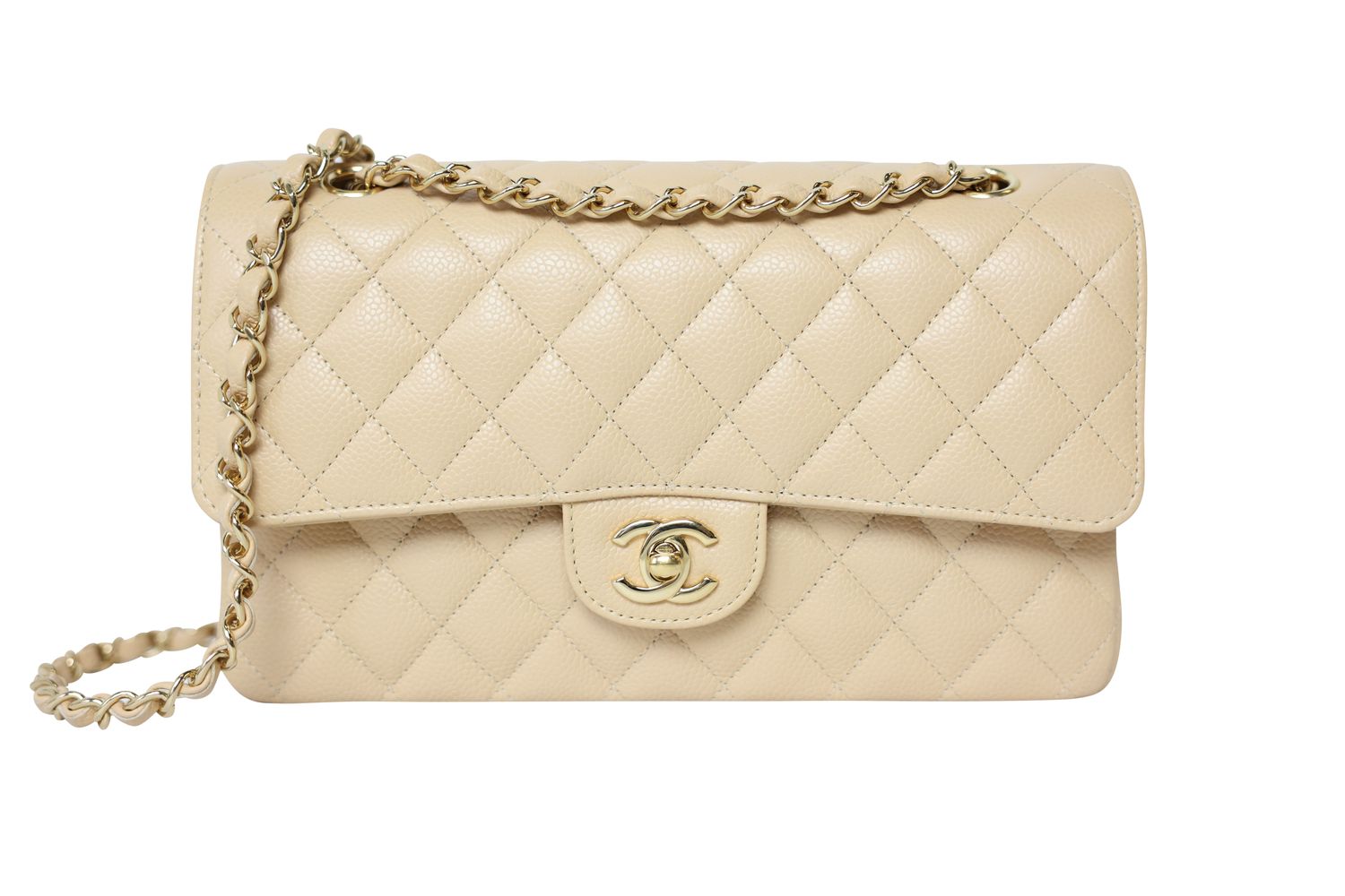 Chanel Classic Medium Bag, Beige Quilted Caviar and Gold Hardware, Preowned in Box WA001