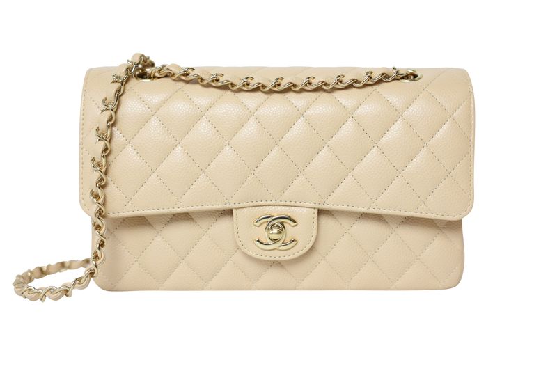 Chanel Classic Medium Bag, Beige Quilted Caviar and Gold Hardware, Preowned in Box WA001