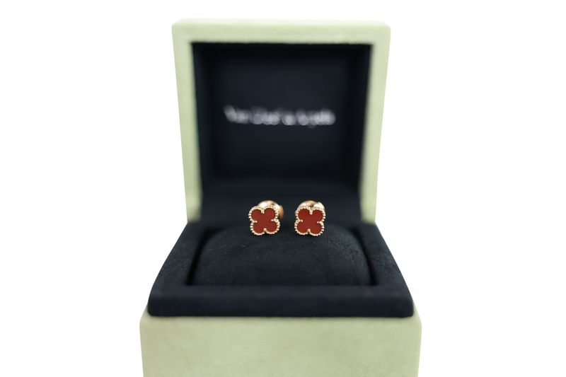 Van Cleef and Arpels Sweet Alhambra Earrings, 18k Rose Gold and Carnelian, Preowned in Box WA001