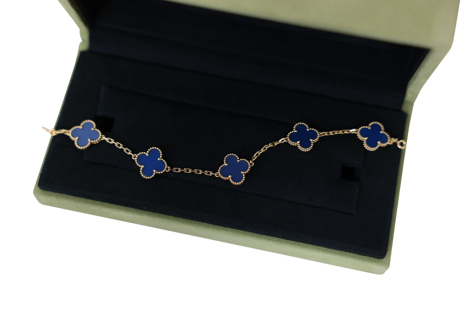 Van Cleef and Arpels 5 Motif Alhambra Bracelet, 18k Yellow Gold and Blue Agate, Preowned in Box WA001