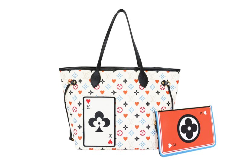 Louis Vuitton  Neverfull MM Bag Set, White Multicolor Game On Canvas and Gold Hardware, Preowned in Box WA001