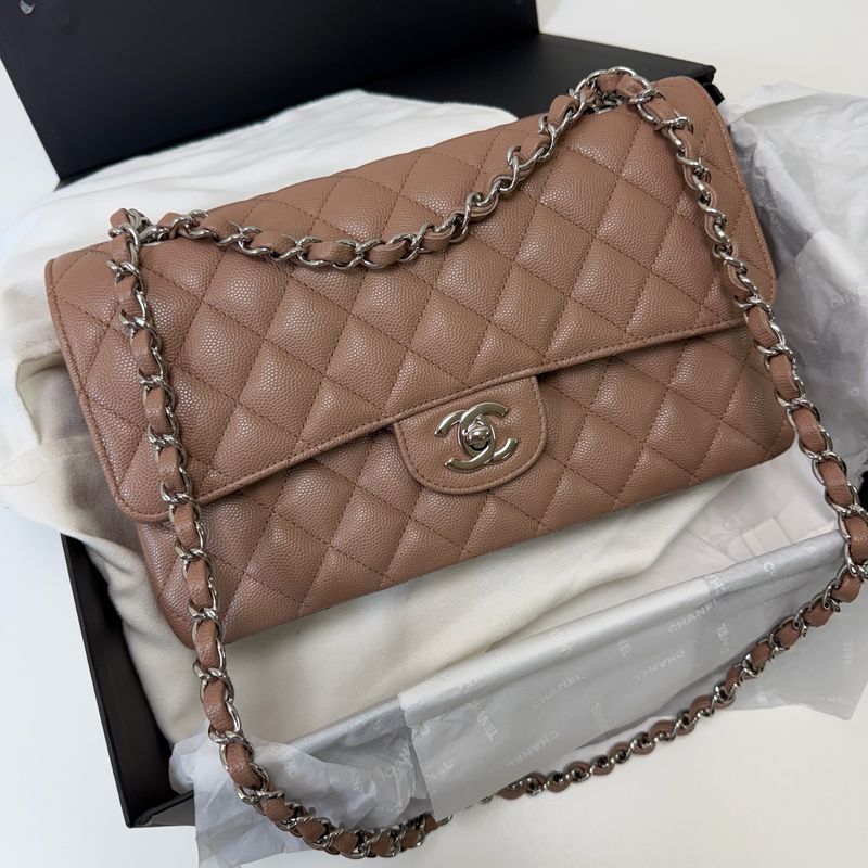 Chanel Classic Flap, Medium, 17B Taupe Caviar Leather, Silver Hardware, Preowned In Box MA001