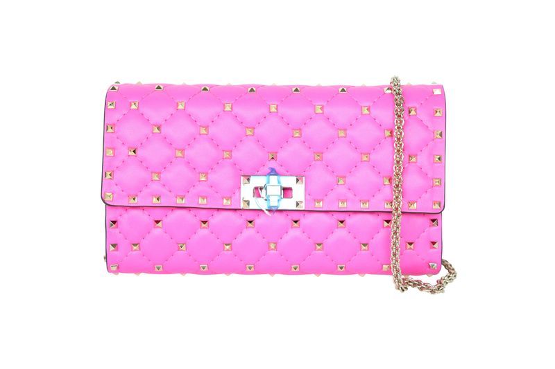 Valentino Garavani Rockstud Spike Clutch With Chain Bag, Pink Nappa Leather and Gold Hardware, New No Dustbag WA001