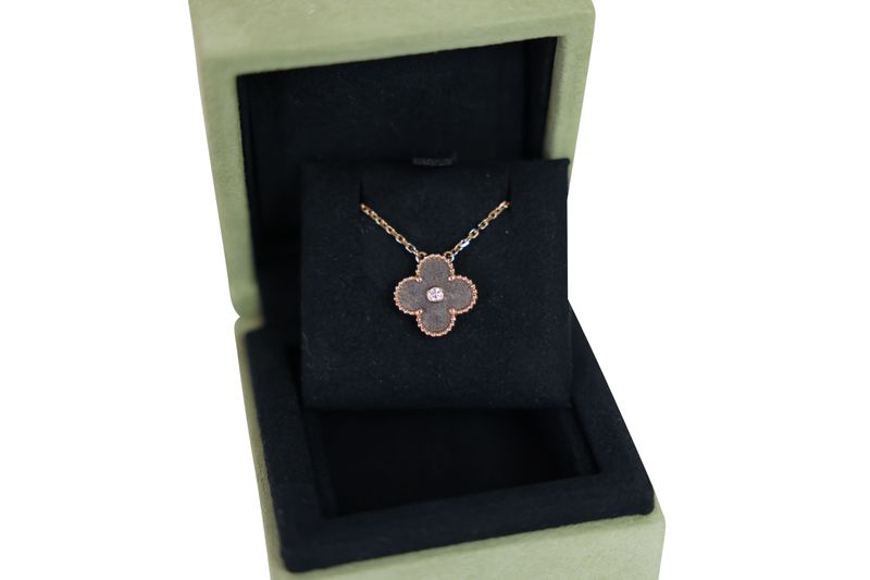 Van Cleef & Arpels Vintage Alhambra 2023 Holiday Necklace, 18k Rose Gold with Obsidian and a Diamond, Preowned in Box WA001