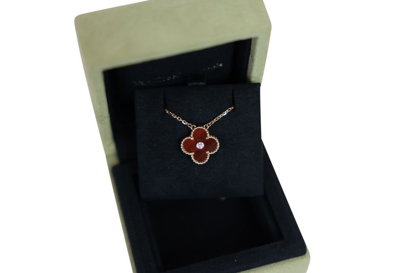 Van Cleef & Arpels Vintage Alhambra 2017 Holiday Pendant Necklace, 18k Rose Gold with Bullseye and a Diamond, Preowned in Box WA001