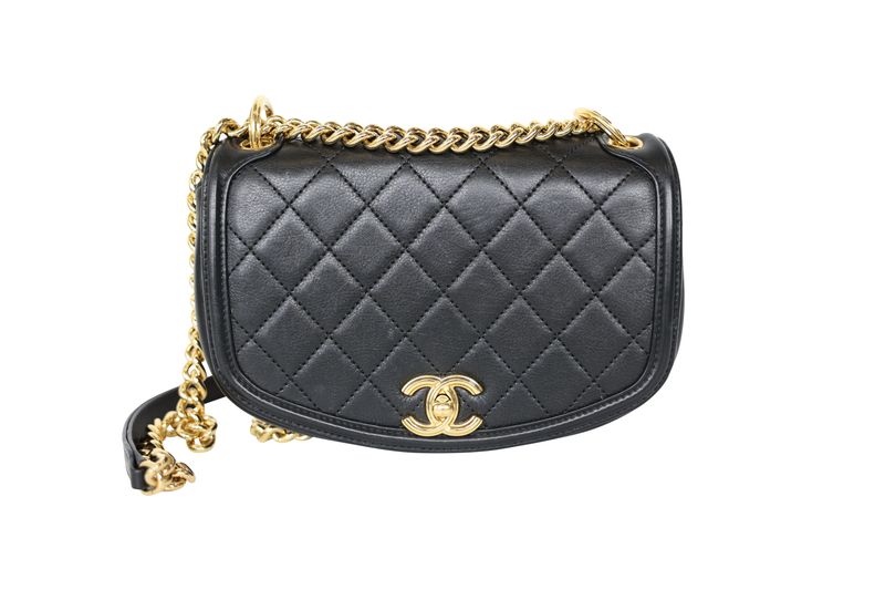 Chanel Underline Flap Small Bag, Black Calfskin Leather and Gold Hardware, Preowned in Box WA001