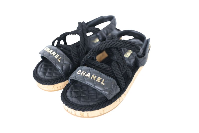 Chanel Rope Sandals, Black Leather and Cord with Gold Hardware, Size 38, New in Box WA001