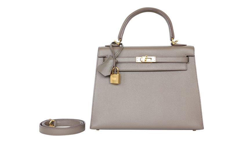 Hermes Kelly 25 Handbag, Gray Gris Etian Epsom Leather and Gold Hardware, Y 2020 Stamp, Preowned in Box WA001