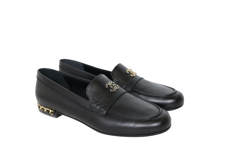 Chanel CC Loafer Shoes, Black Leather and Gold Hardware, Size 39, New in Box WA001