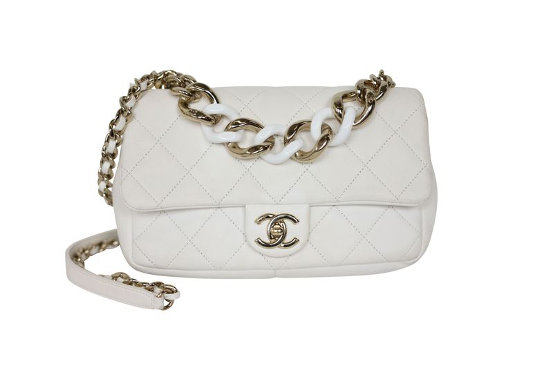 Chanel 20C Elegant Chain Flap Bag, White Leather and Gold Hardware, Preowned in Box WA001
