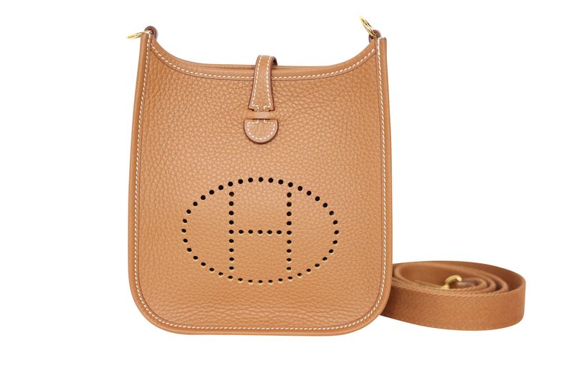 Hermes Evelyne TPM Bag, Tan Brown Gold Clemence Leather and Gold Hardware, W 2024 Stamp, New in Box WA001