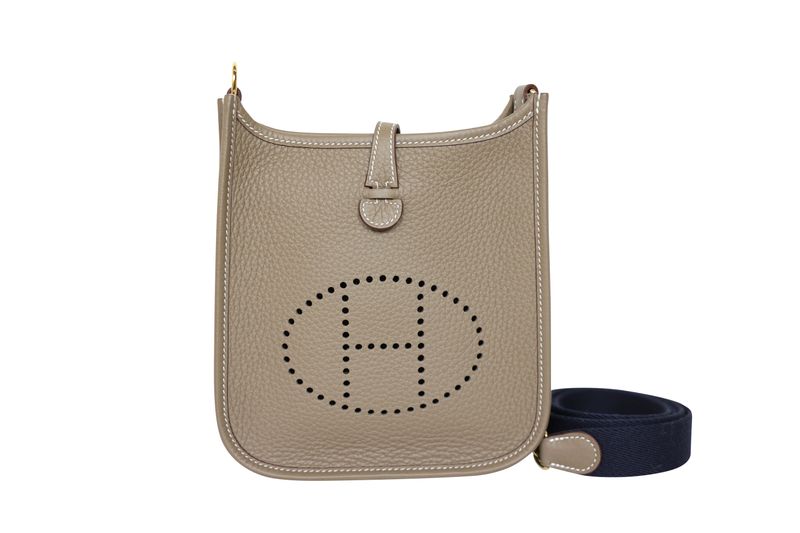 Hermes Evelyne TPM Bag, Beige Etoupe Clemence Bull Calfskin and Gold Hardware, W 2024 Stamp, New in Box WA001