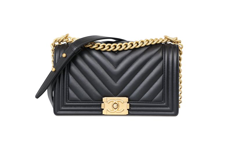 Chanel Boy Flap Medium Bag, Black Chevron Calfskin and Gold Hardware, Preowned in Box WA001