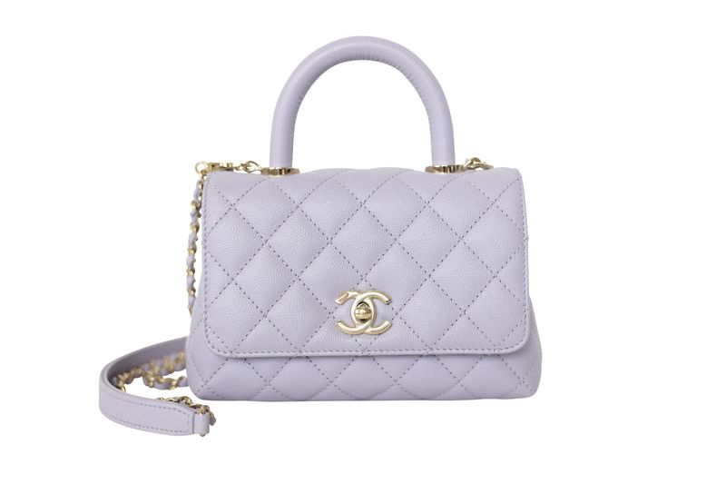 Chanel Coco Handle Mini Bag, Lilac Purple Quilted Caviar Leather and Gold Hardware, Preowned in Box WA001