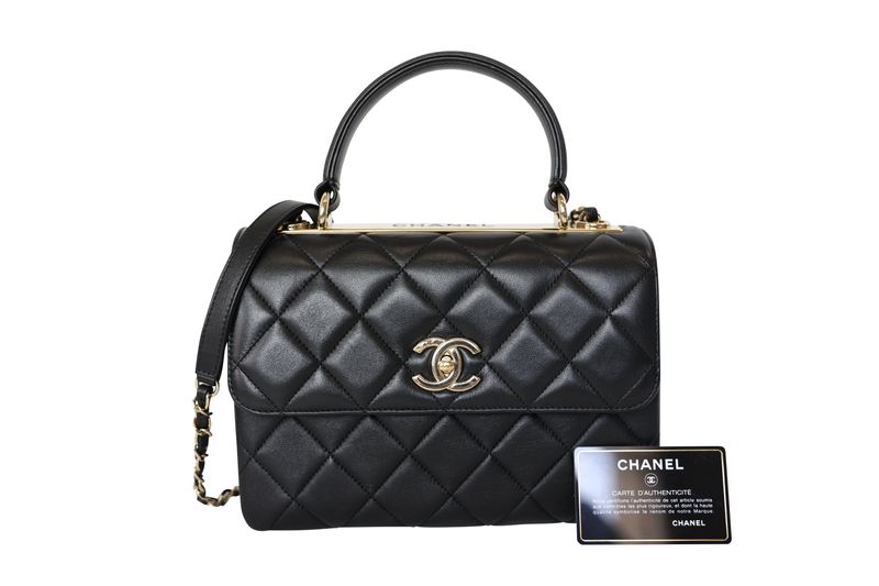 Chanel Trendy CC Top Handle Small Bag, Black Quilted Lambskin and Gold Hardware, Preowned in Box WA001