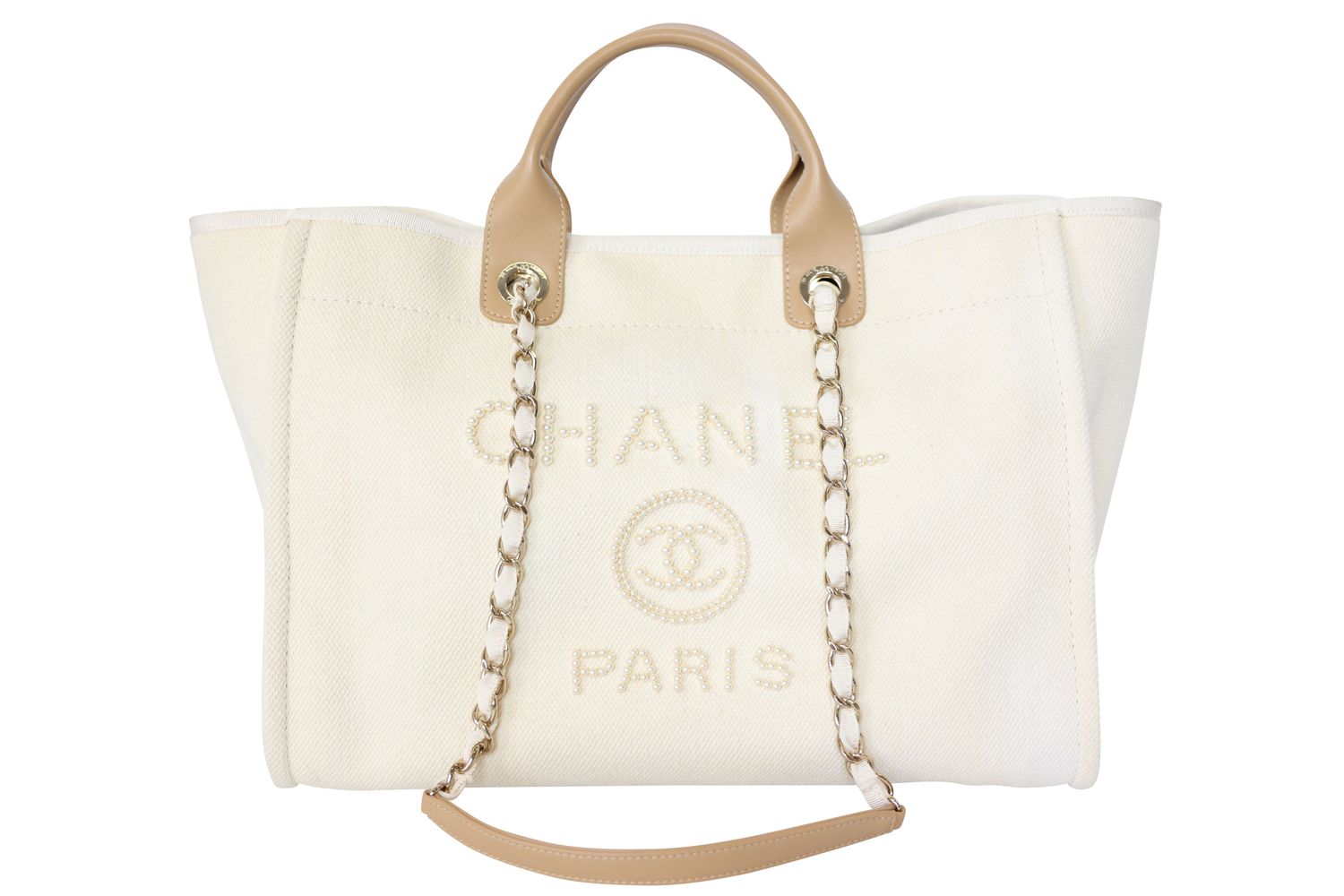 Chanel Deauville Tote Medium Bag, Natural Beige Canvas with Pearl, Beige Leather and Gold Hardware, Preowned in Box WA001
